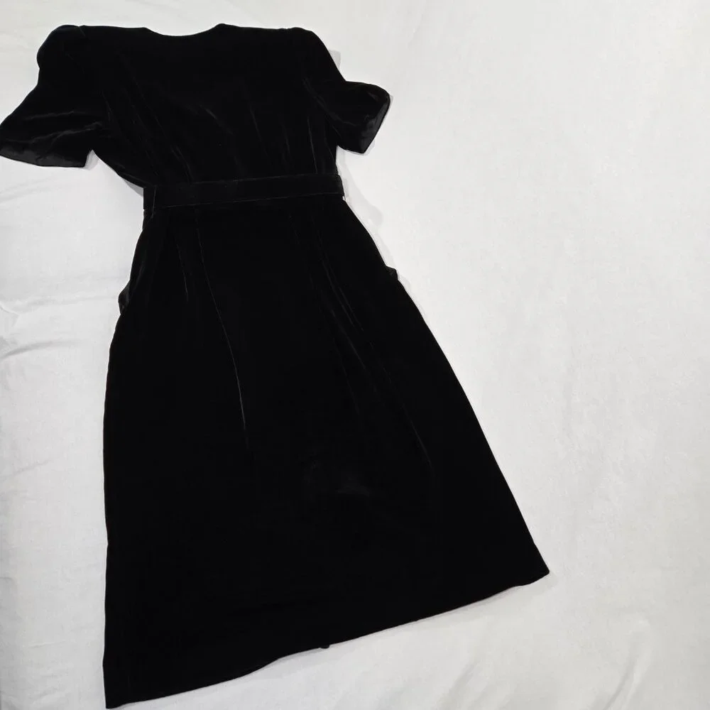 VINTAGE Academia Y2K Sirencore BLACK VELVET Pocket Belt Midi Dress Women Size 10 - Picture 8 of 16